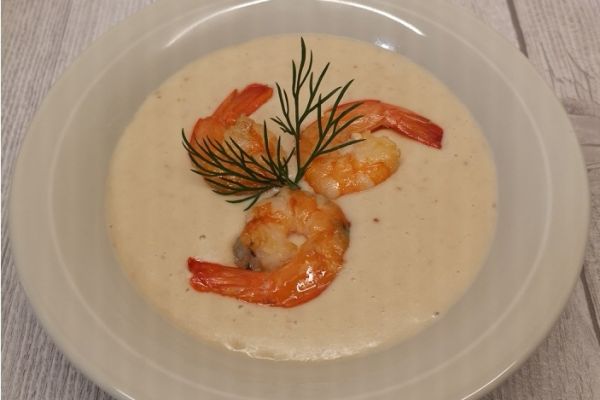 Crême de mogettes et crevettes snackées